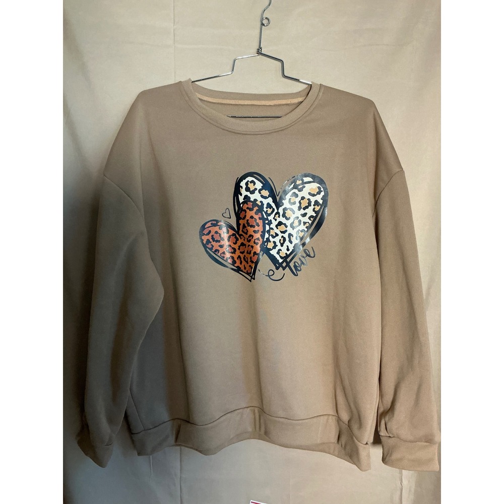 Shein Curve Sweatshirt Womens 4XL Tan Excellent Leopard Heart Love Pullover